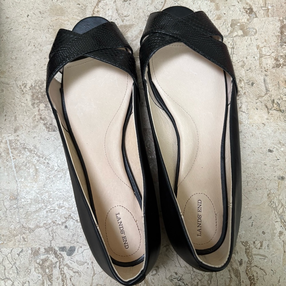 Black Leather Slip On Ballet Flat Open Toe Land’s End Size 8 D